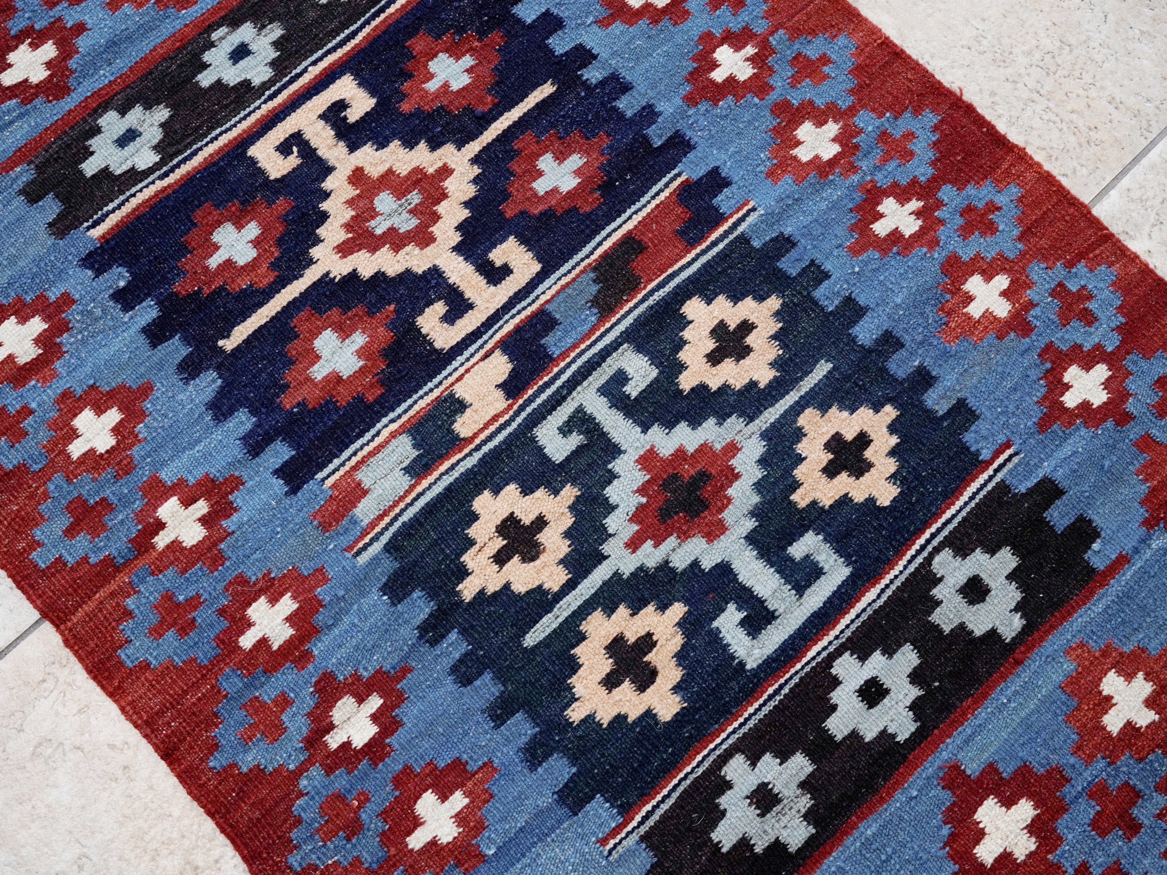 3x4 Ft Red & Blue Killim Rug - Hand Knotted Afghan Flatweave Rug