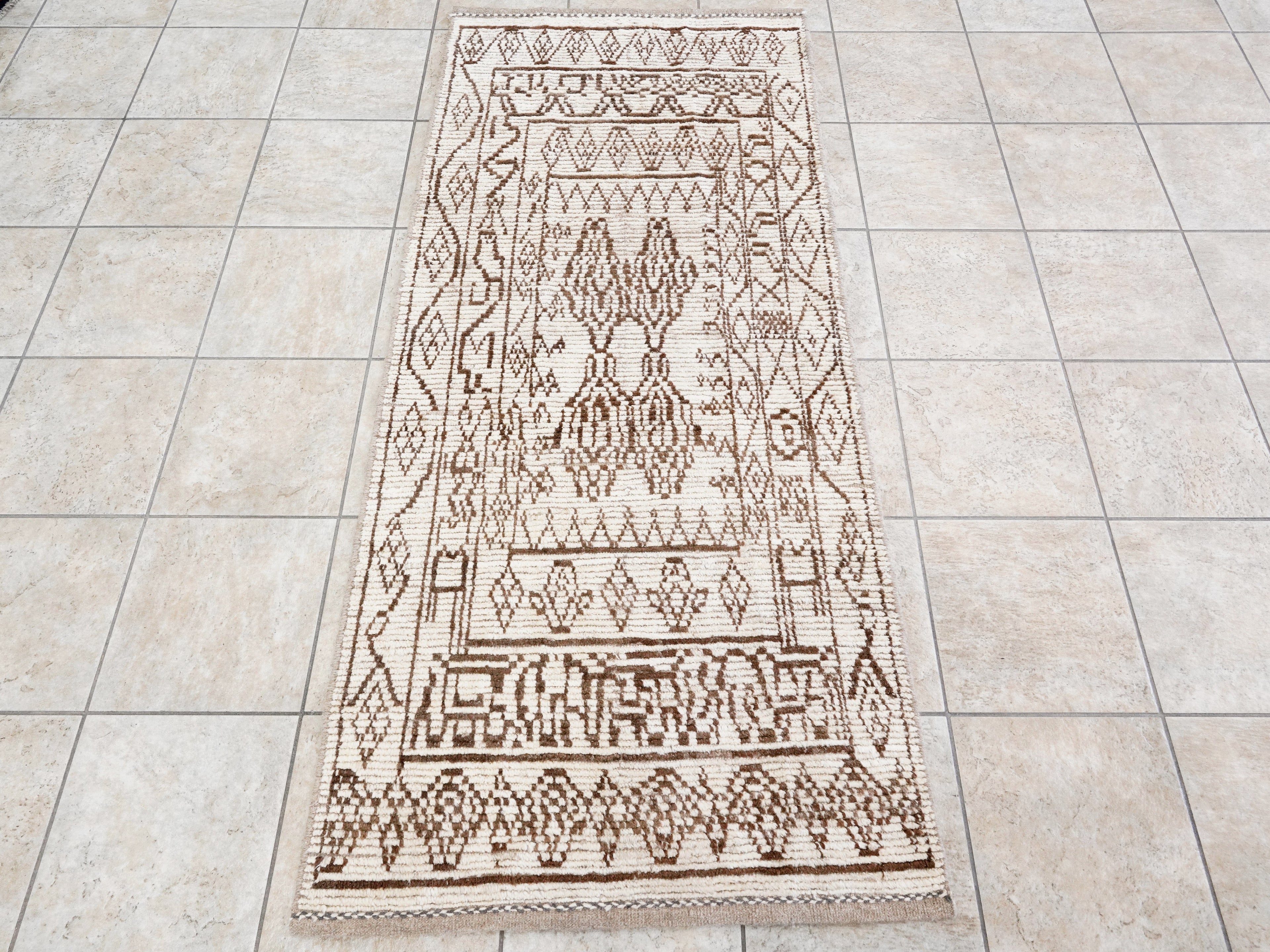 7 Ft Beige Moroccan Runner Rug - Hand Knotted Wool Rug