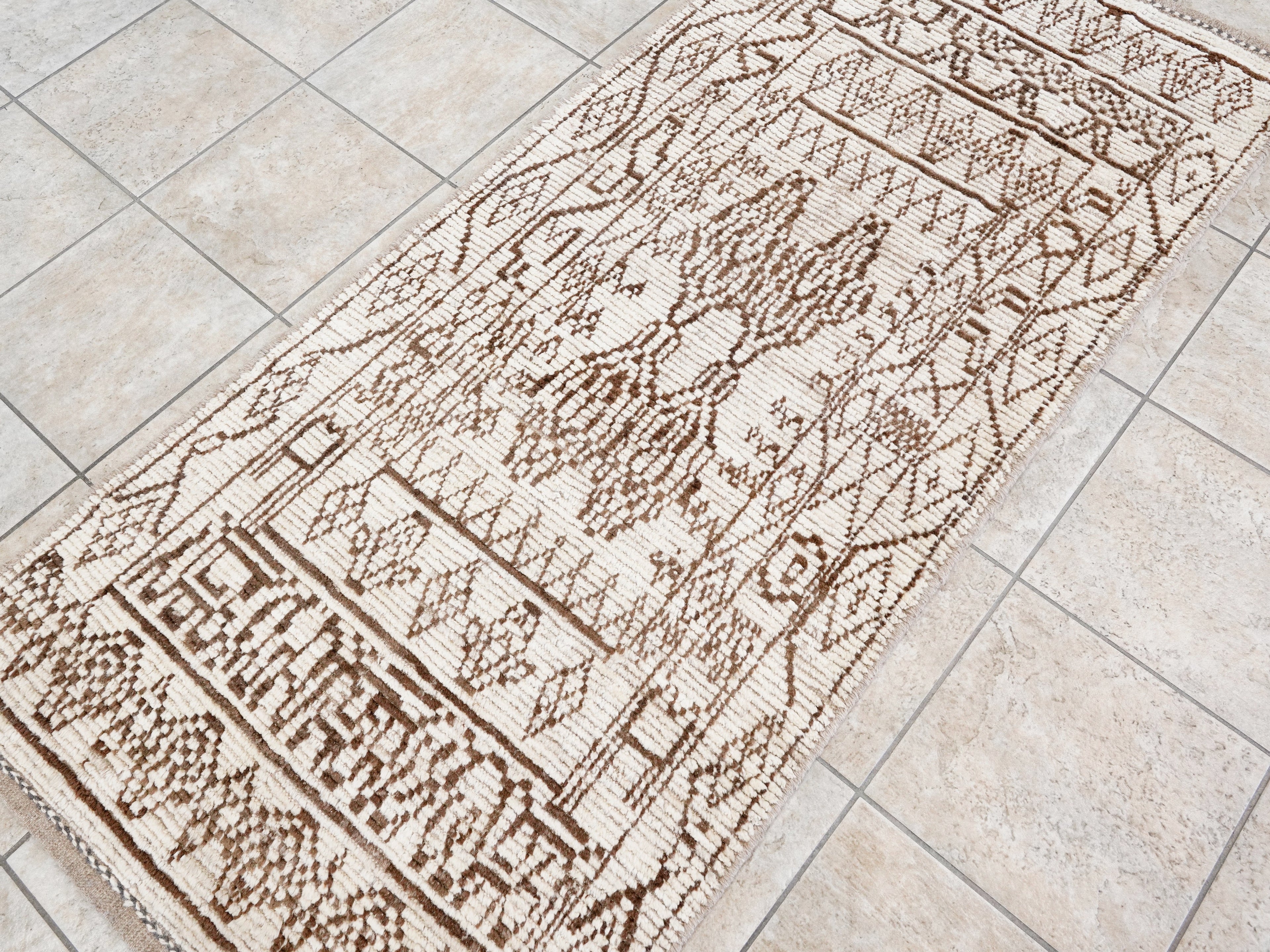 7 Ft Beige Moroccan Runner Rug - Hand Knotted Wool Rug