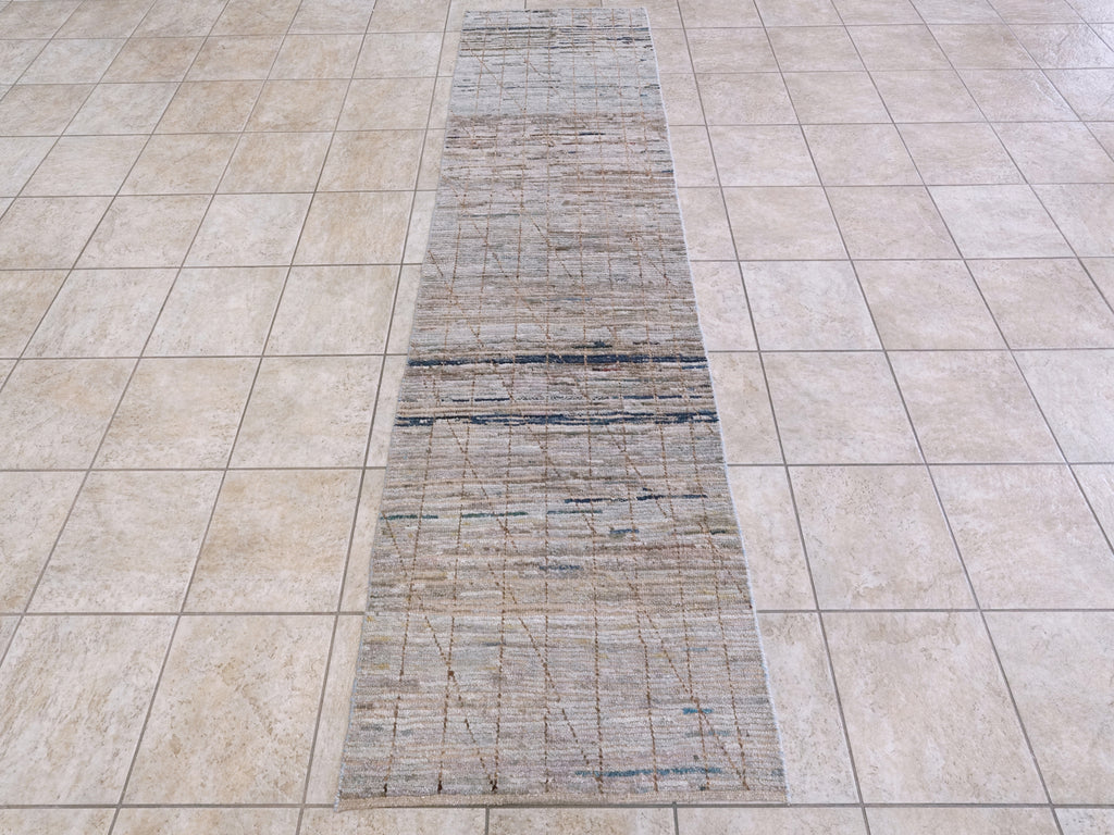 9 Ft Blue Moroccan Runner Rug - Afghan Hand Knotted Hallway Rug