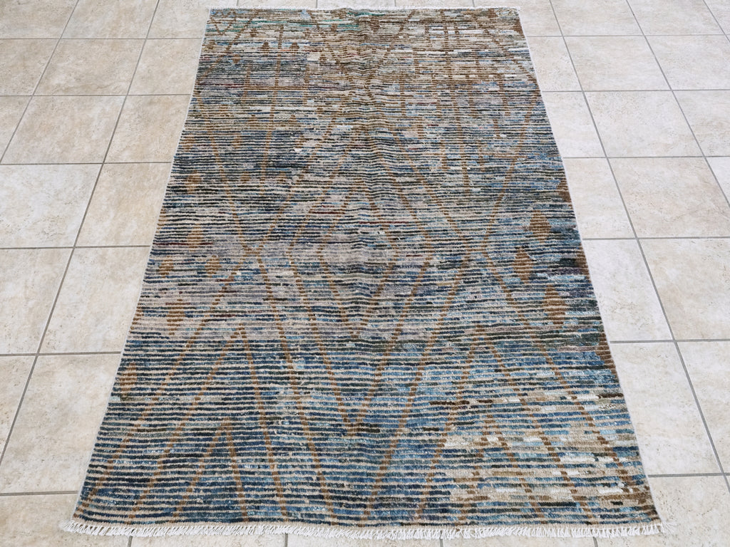 4x6 Ft Blue & Brown Moroccan Rug - Hand Knotted Wool Area Rug