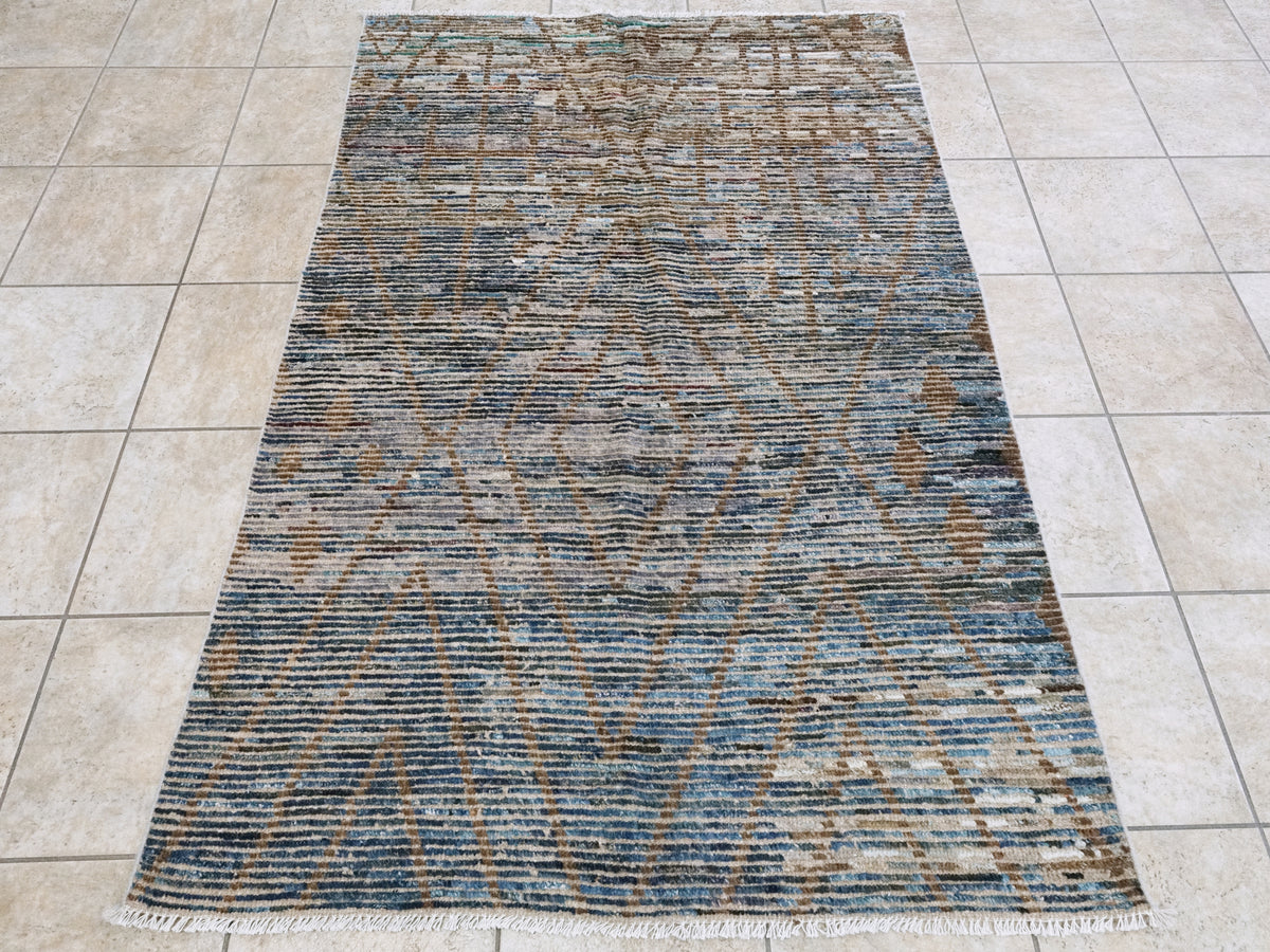4x6 Ft Blue & Brown Moroccan Rug - Hand Knotted Wool Area Rug