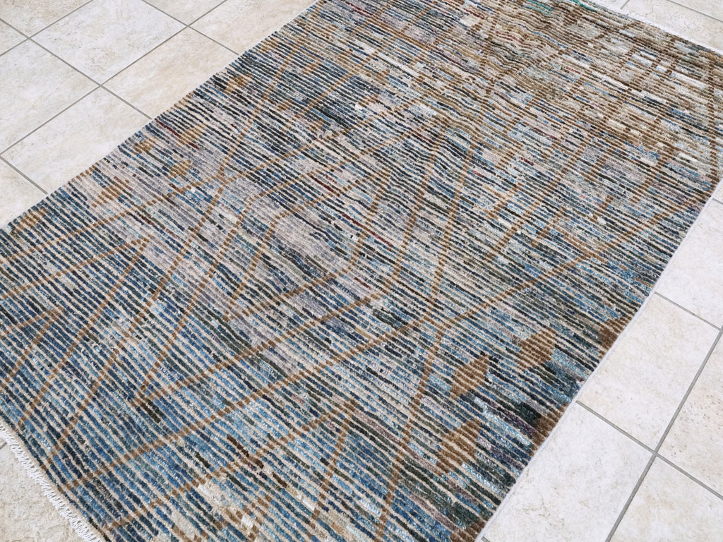 4x6 Ft Blue & Brown Moroccan Rug - Hand Knotted Wool Area Rug