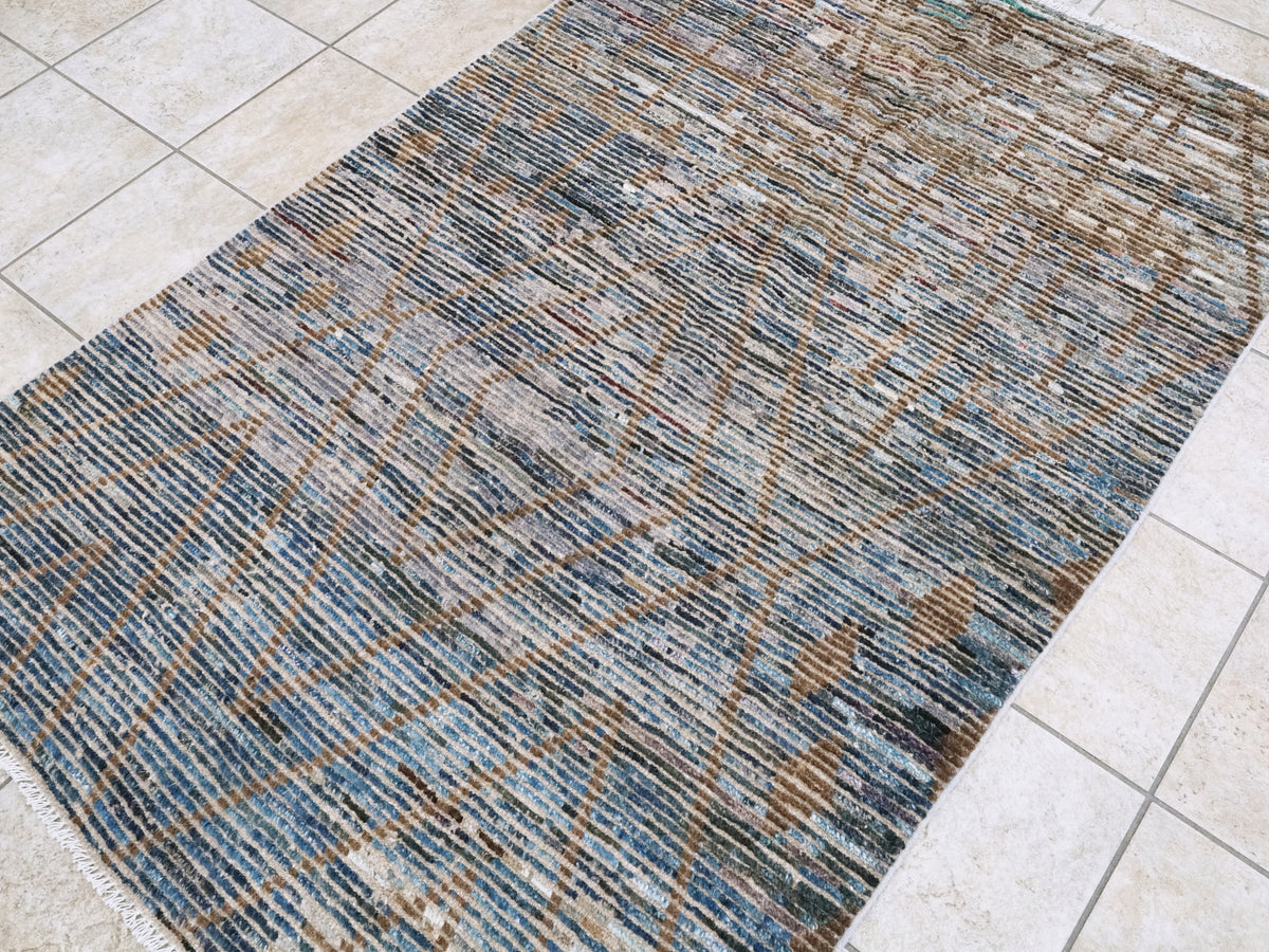 4x6 Ft Blue & Brown Moroccan Rug - Hand Knotted Wool Area Rug