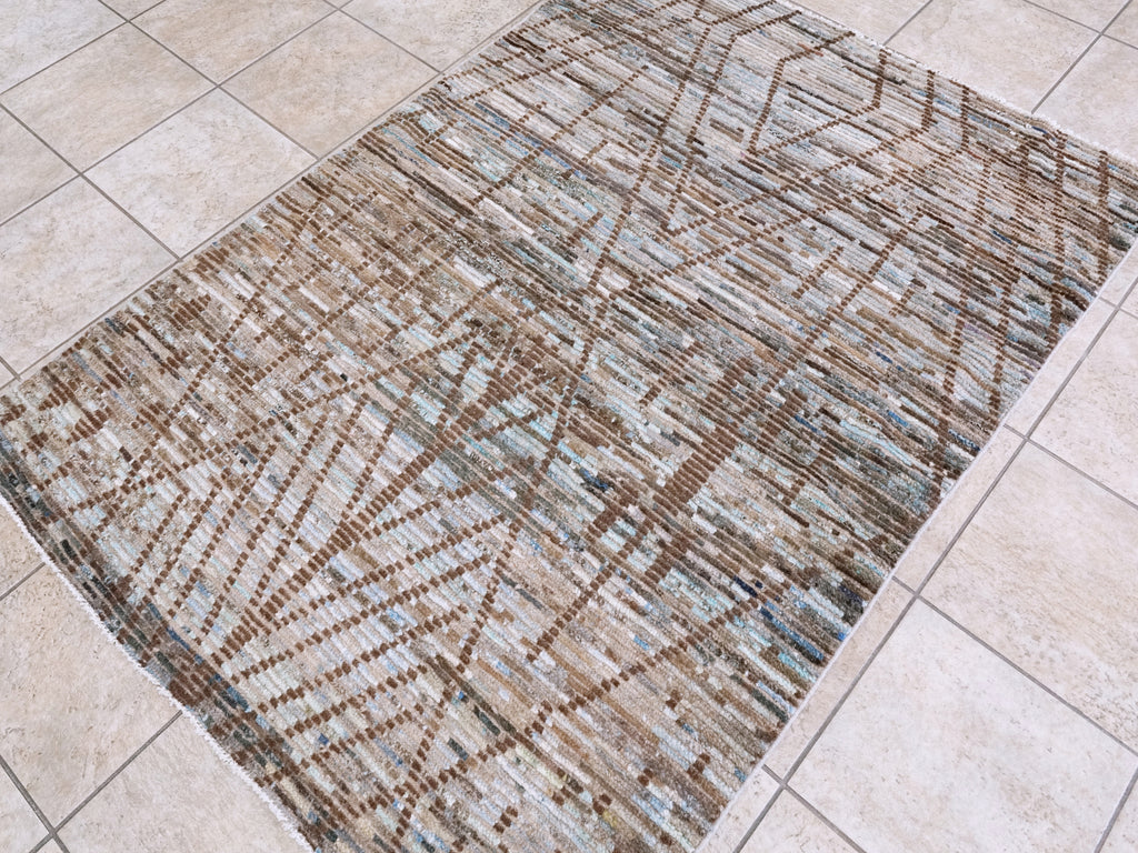 4x6 Ft Blue & Brown Moroccan Rug - Hand Knotted Wool Area Rug