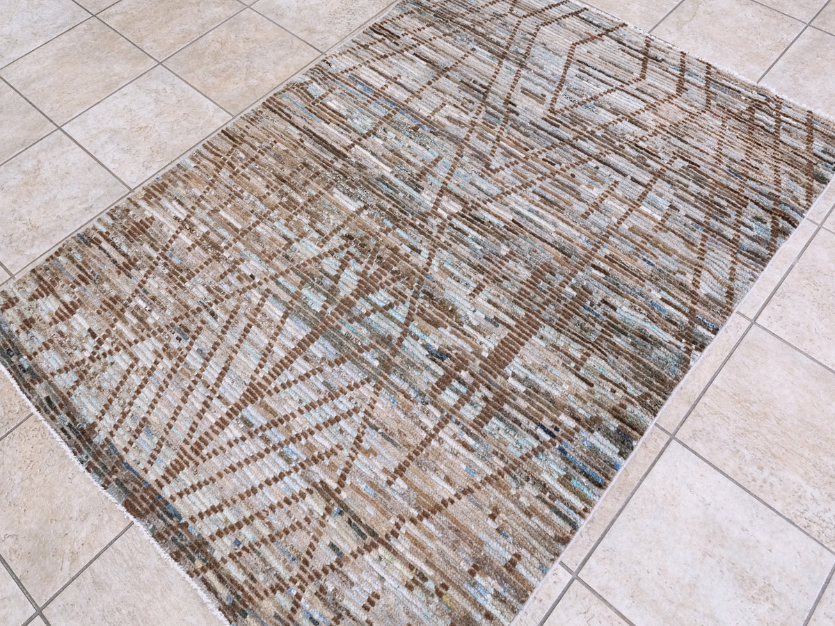 4x6 Ft Blue & Brown Moroccan Rug - Hand Knotted Wool Area Rug