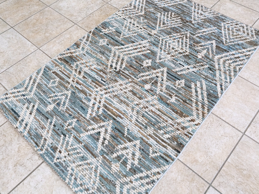 3x5 Ft Blue & Beige Moroccan Rug - Hand Knotted Area Rug