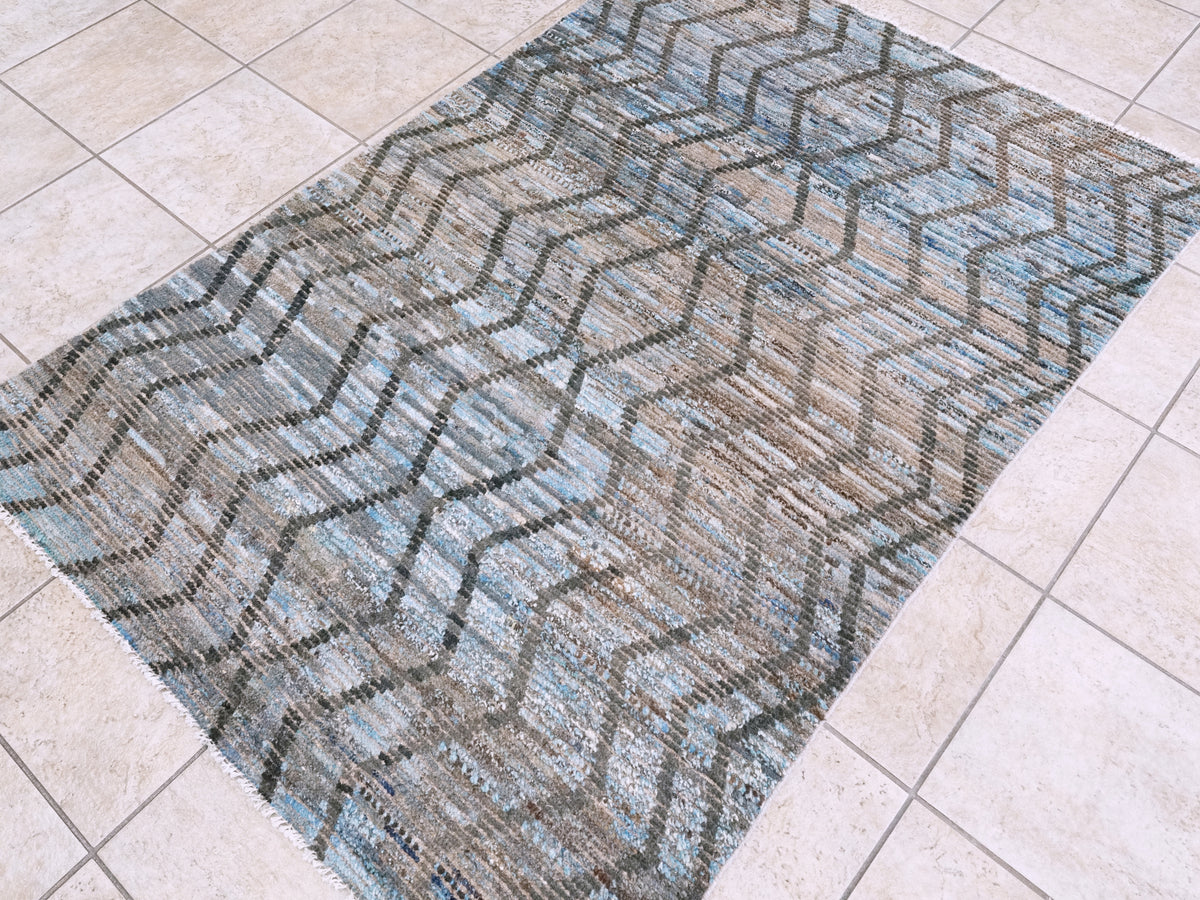4x6 Ft Blue & Brown Moroccan Rug - Hand Knotted Wool Area Rug