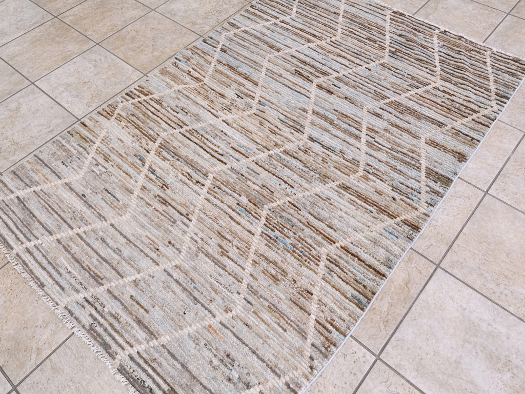 4x6 Ft Blue & Brown Moroccan Rug - Hand Knotted Wool Area Rug