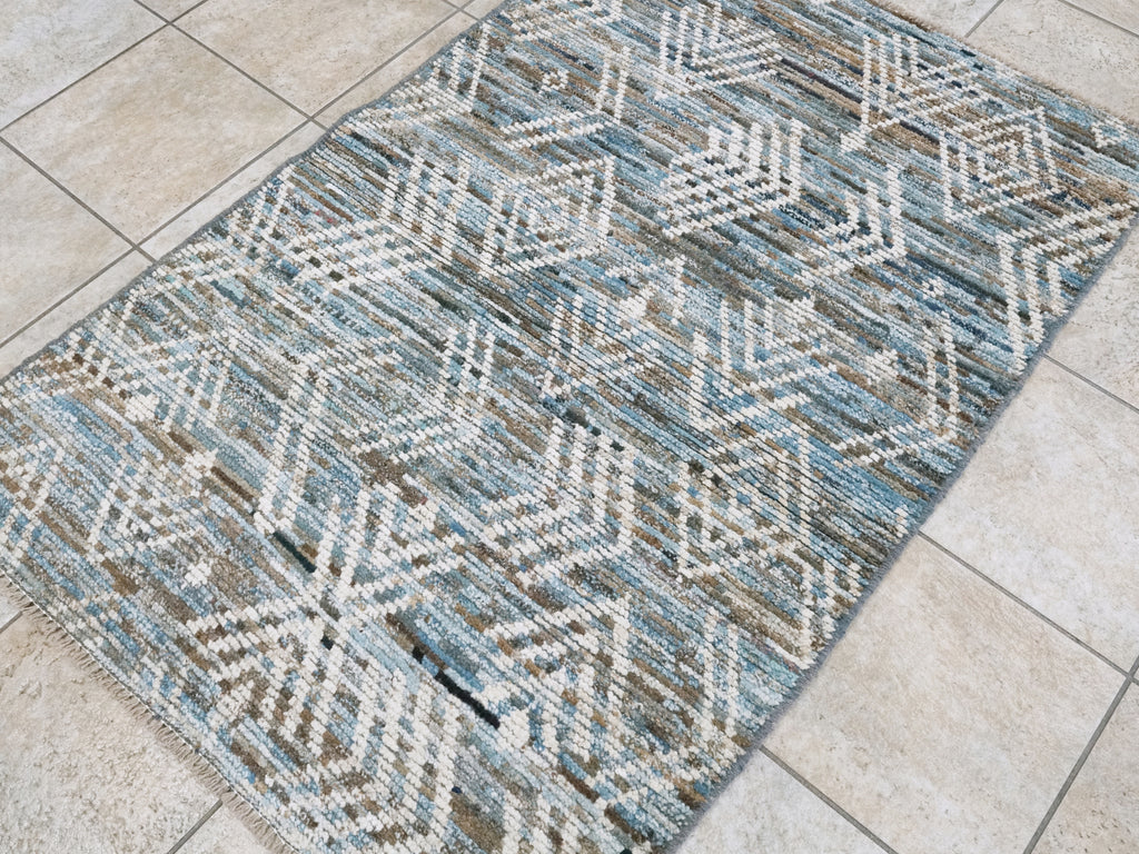 3x5 Ft Blue & Beige Moroccan Rug - Hand Knotted Area Rug