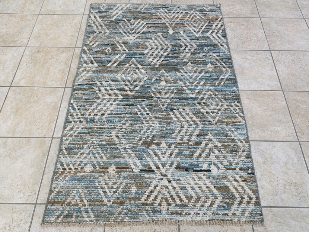 3x5 Ft Blue & Beige Moroccan Rug - Hand Knotted Area Rug