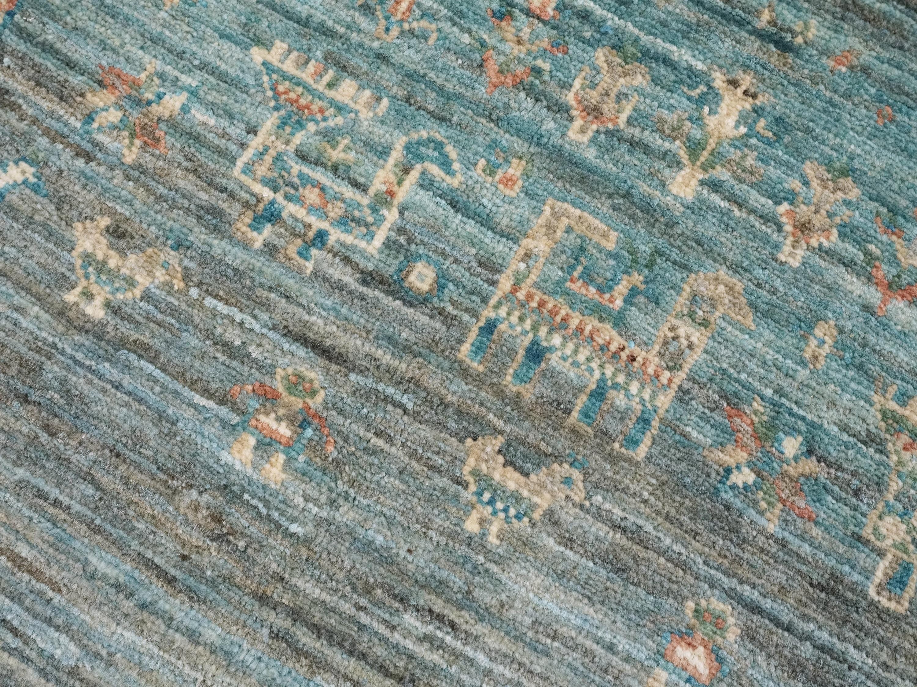3x3 Ft Cyan Serapi Rug - Hand Knotted Wool Oriental Rug - Floral Design