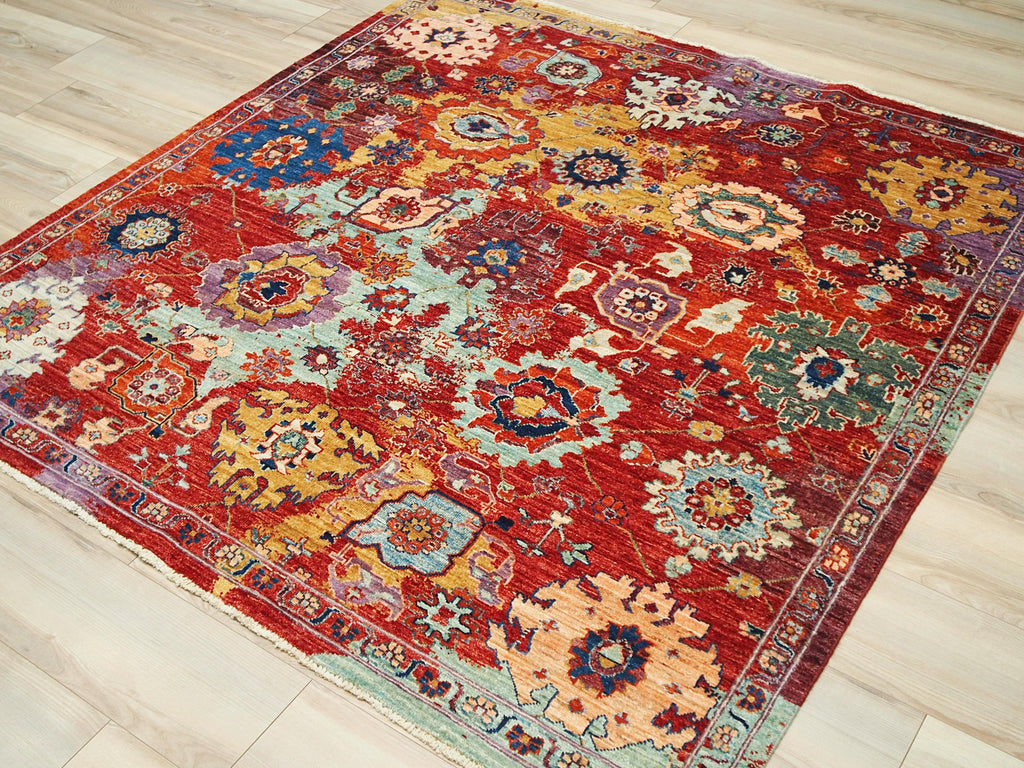 6x6 Ft Colorful Serapi Rug - Oriental Square Rug - Floral Design