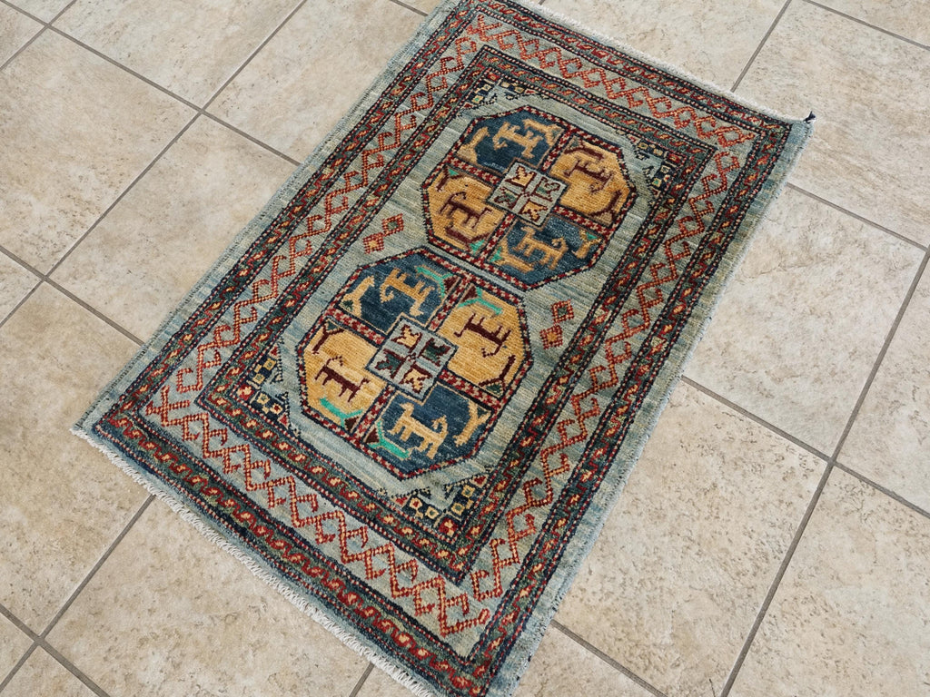 2x3 Ft Handmade Afghan Ersari Rug - Grey Wool Tribal Accent Rug
