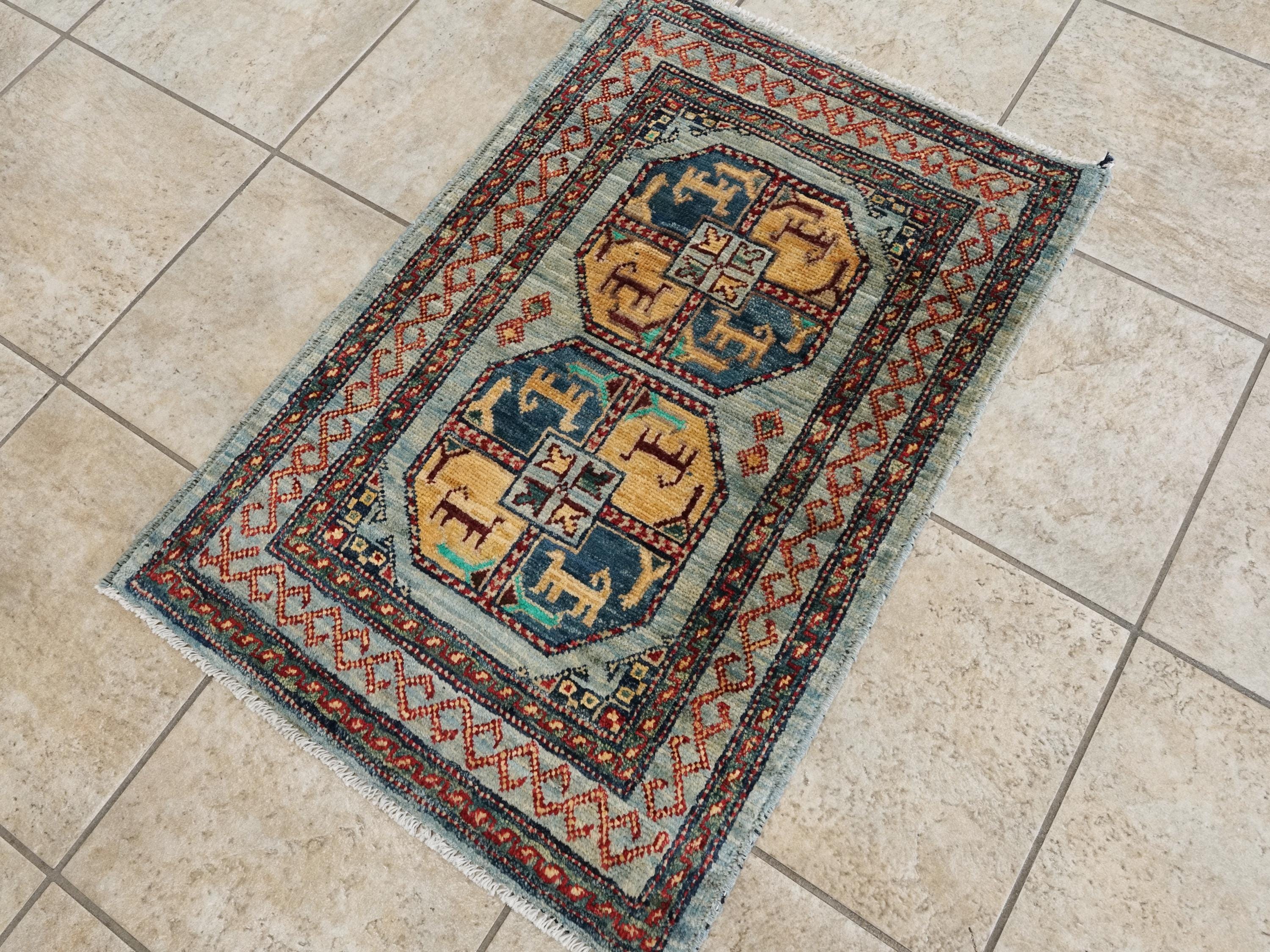 2x3 Ft Handmade Afghan Ersari Rug - Grey Wool Tribal Accent Rug