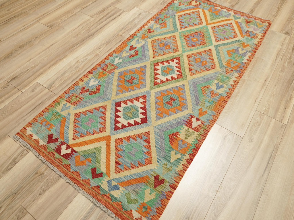 7 Ft Orange Green Kilim Rug  Flat Weave Afghan Runner