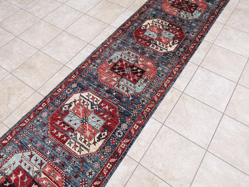 14 Ft Blue Ersari Runner Rug - Traditional Wool Hallway Rug - Turkmen Design