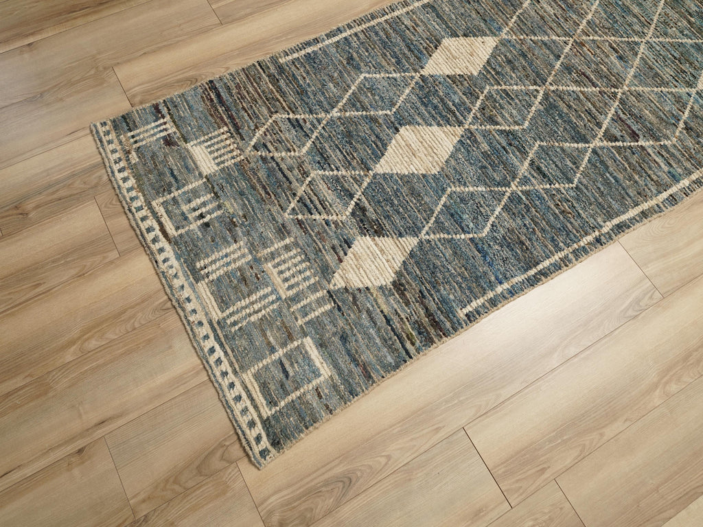 16 Ft Blue Moroccan Runner Rug - Afghan Handmade Wool Rug
