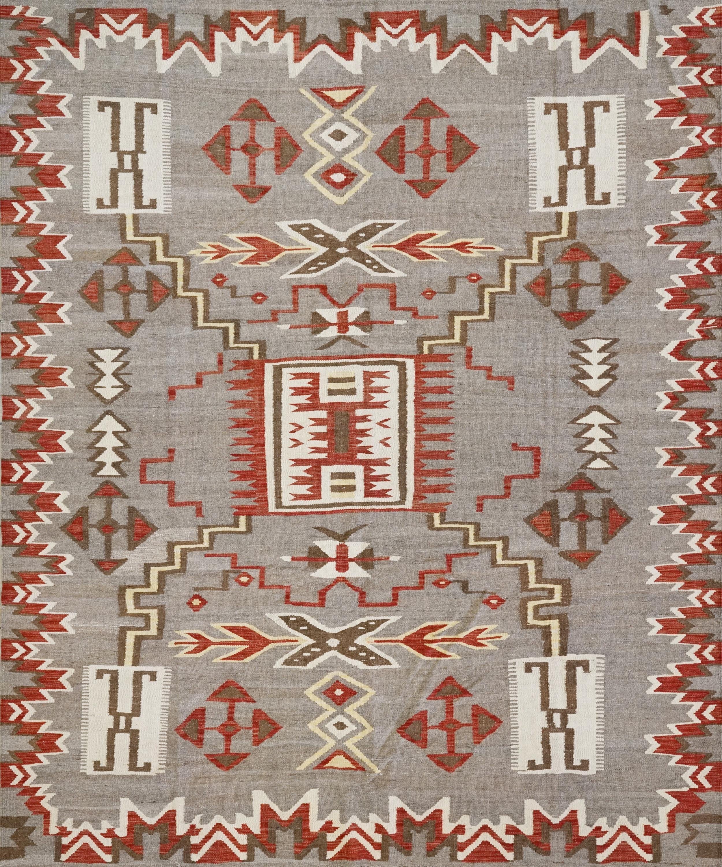 8x9 Ft Red Navajo Rug - Traditional Flat Weave - Tribal Design