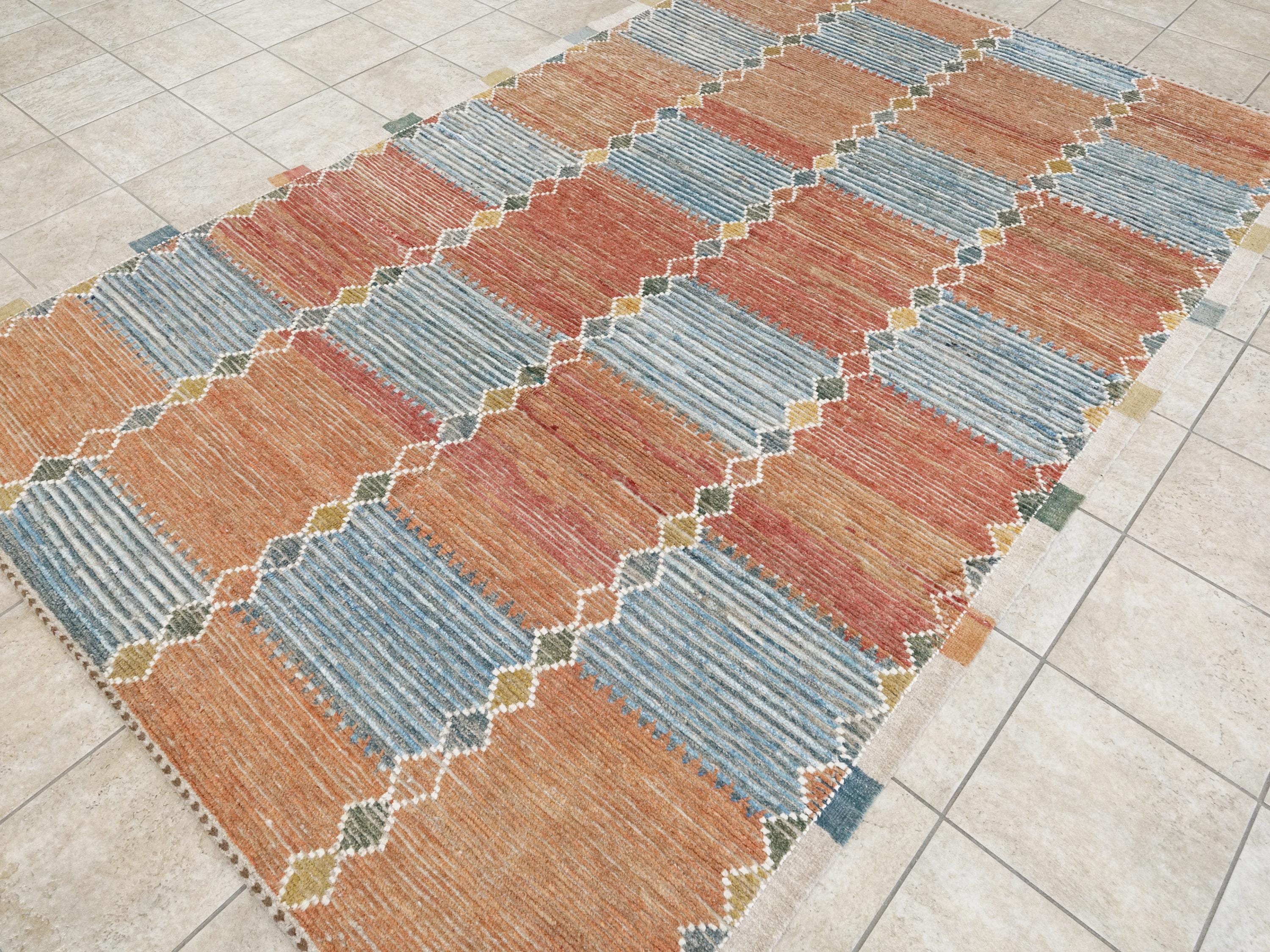 7x10 Ft Hand Knotted Afghan Wool Rug: Orange & Blue Moroccan Rug