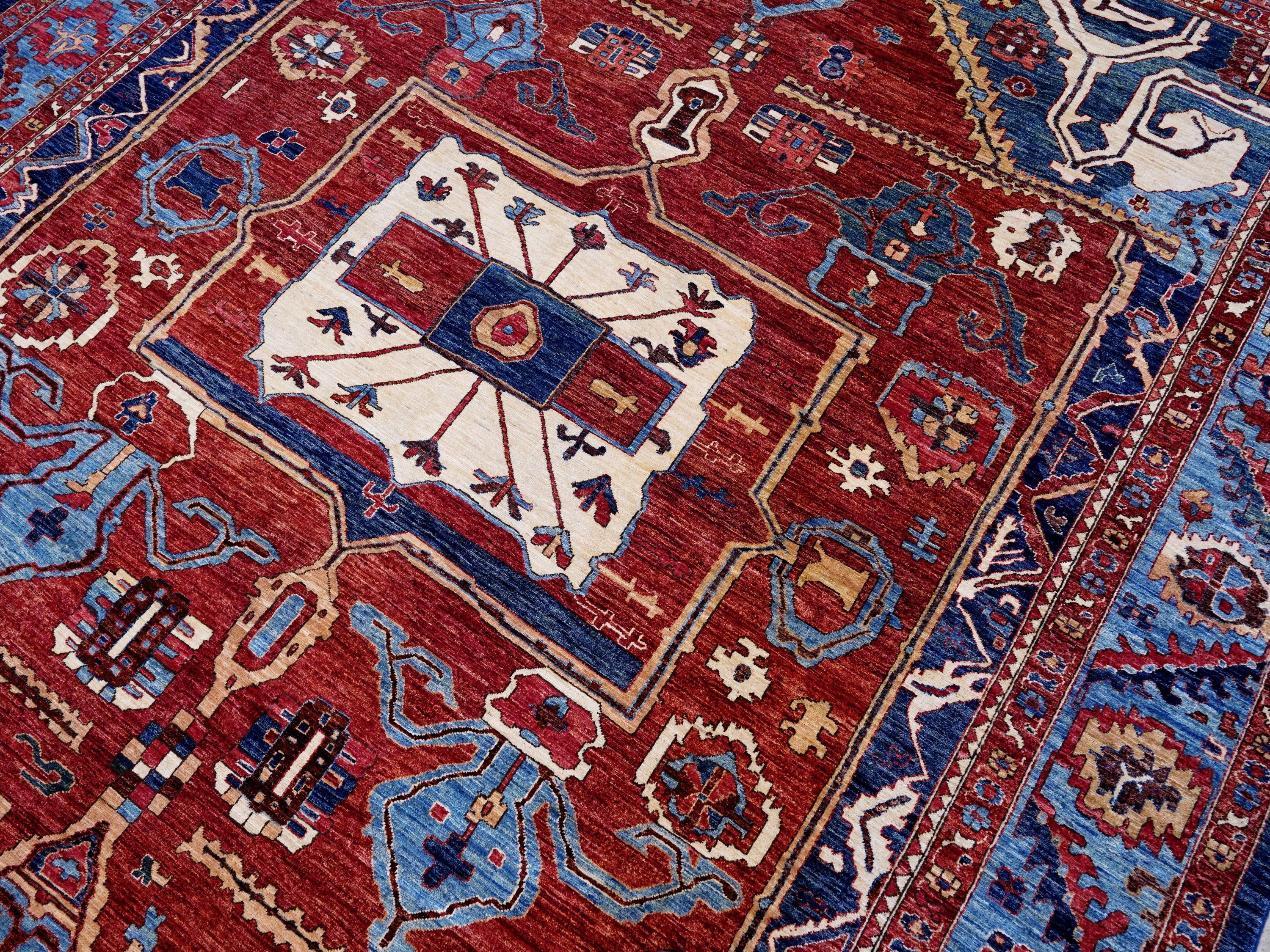 9x12 Ft Red & Blue Heriz Rug - Afghan Oriental Area Rug - Persian Design