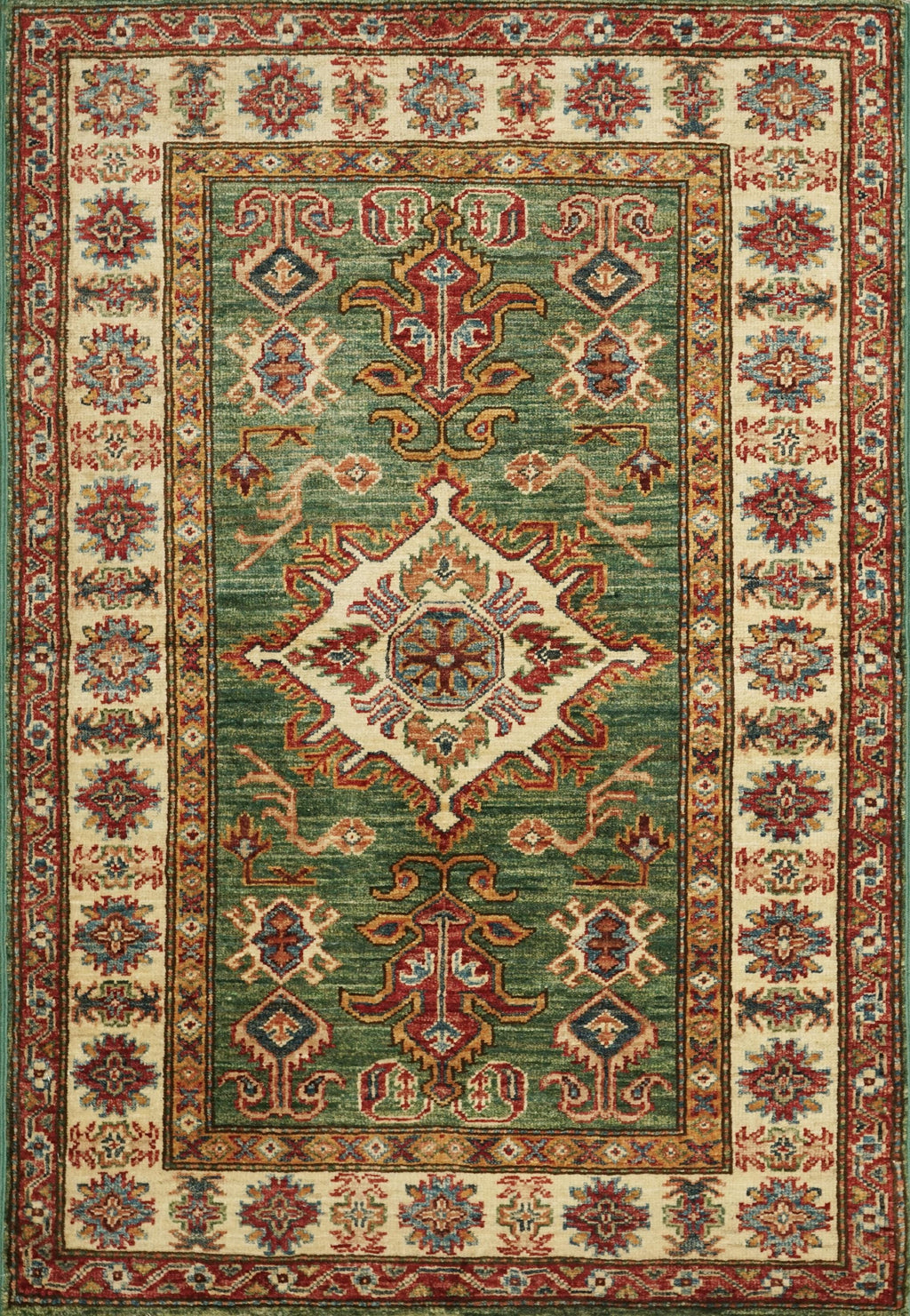 3x4 Ft Green Kazak Rug - Afghan Handmade Wool Rug