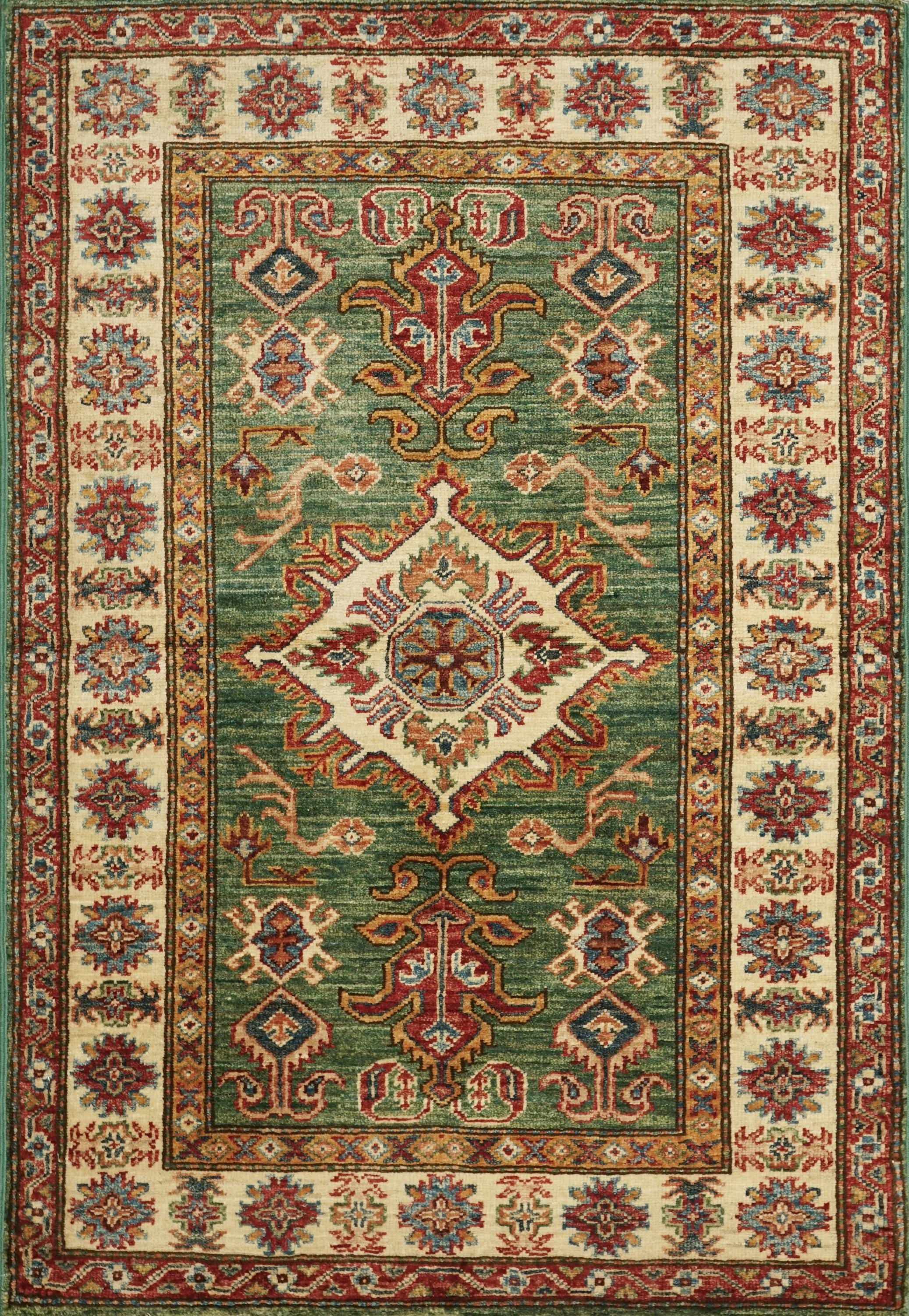 3x4 Ft Green Kazak Rug - Afghan Handmade Wool Rug