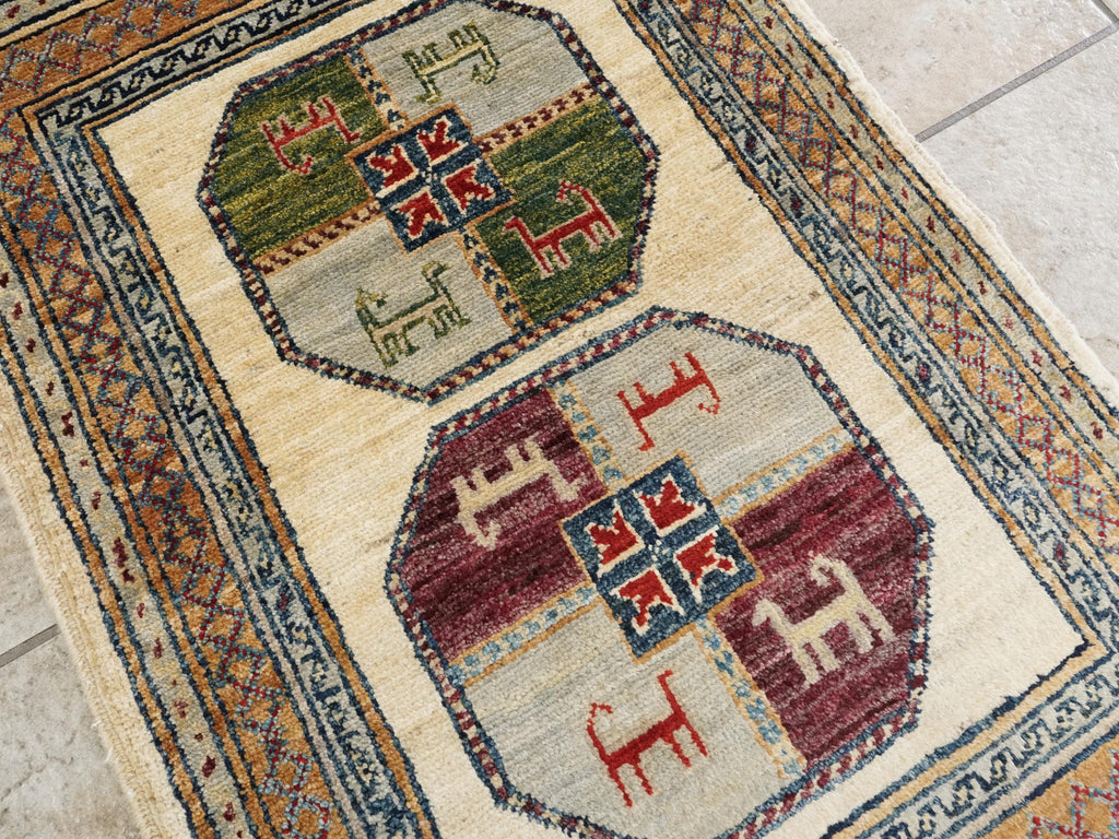 2x3 Ft Handmade Afghan Ersari Wool Rug - Beige Oriental Accent Rug
