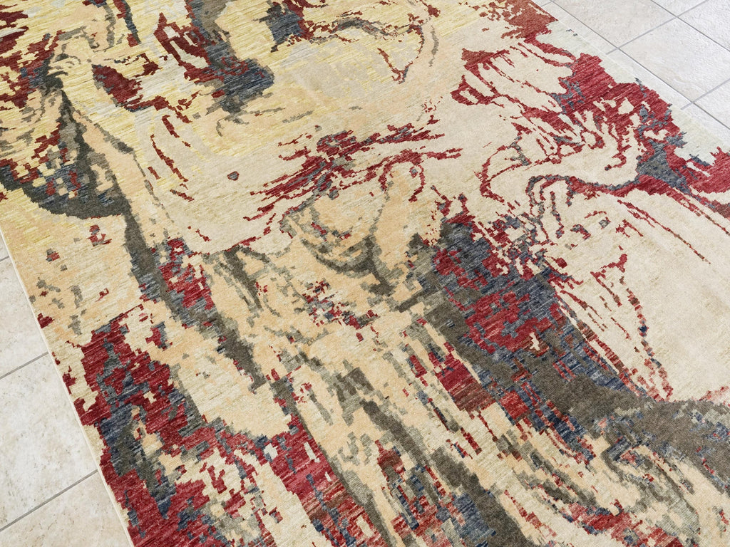 7x10 Ft Hand Knotted Gabbeh Rug - Red & Beige Wool Abstract Rug