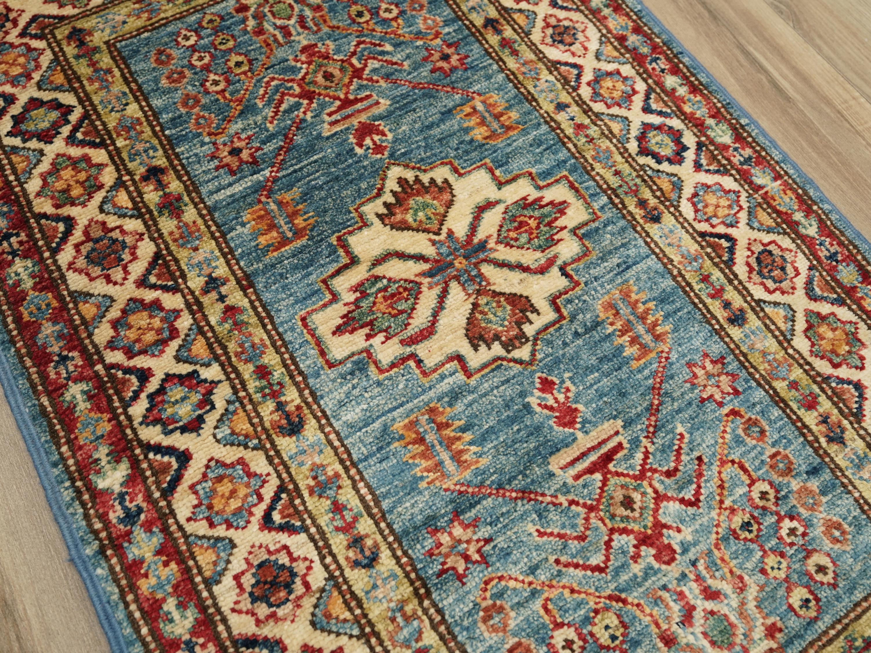 2x3 Ft Light Blue Kazak Rug - Afghan Wool Accent Rug