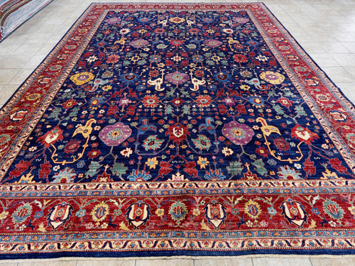 12x15 Ft Navy Blue Serapi Rug - Handmade Afghan Area Rug - Oversize