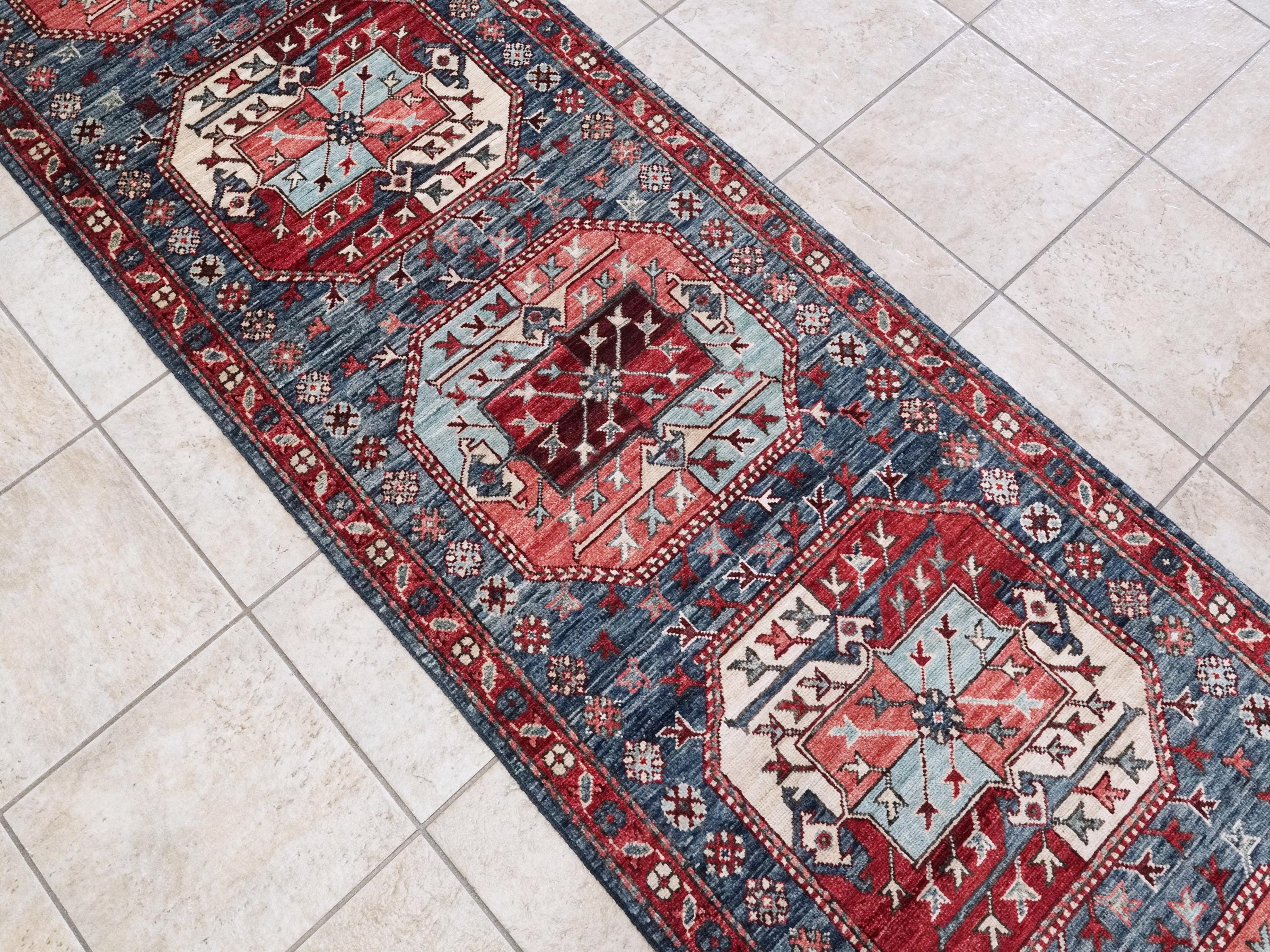 14 Ft Blue Ersari Runner Rug - Traditional Wool Hallway Rug - Turkmen Design