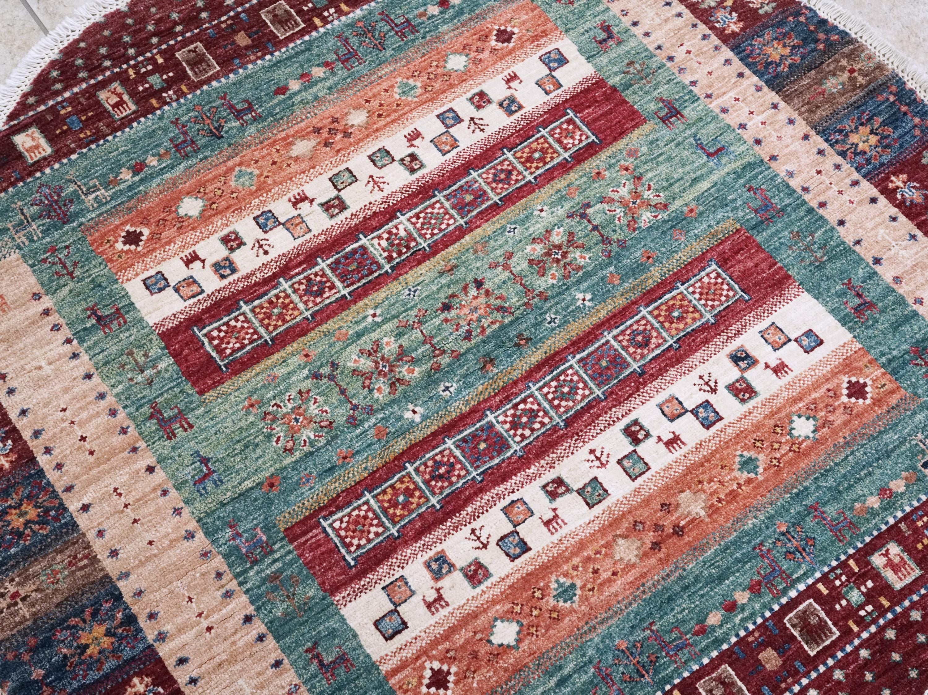 4x4 Ft Colorful Khorjin Rug - Hand Knotted Round Rug - Tribal Design