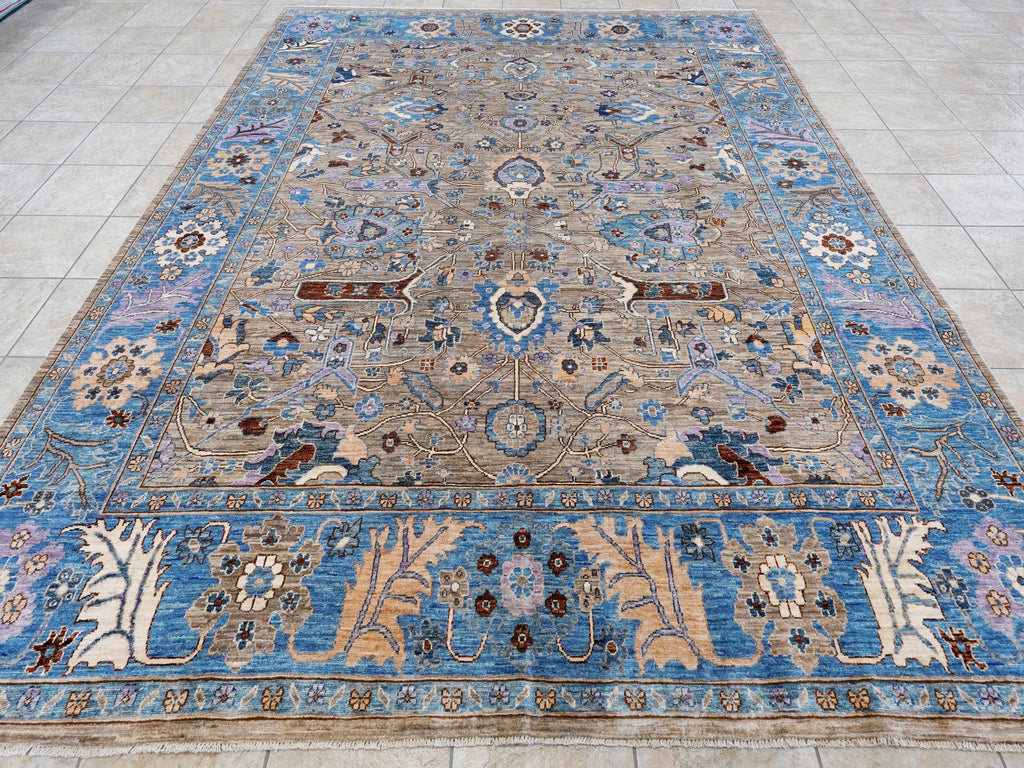 9x12 Ft Brown & Blue Serapi Rug - Hand Knotted Afghan Oriental Rug