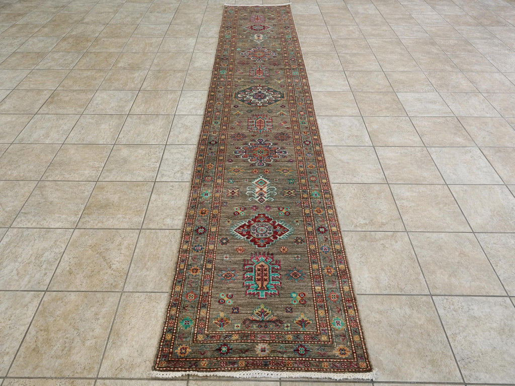 13 Ft Brown Kazak Runner Rug - Afghan Wool Hallway Rug