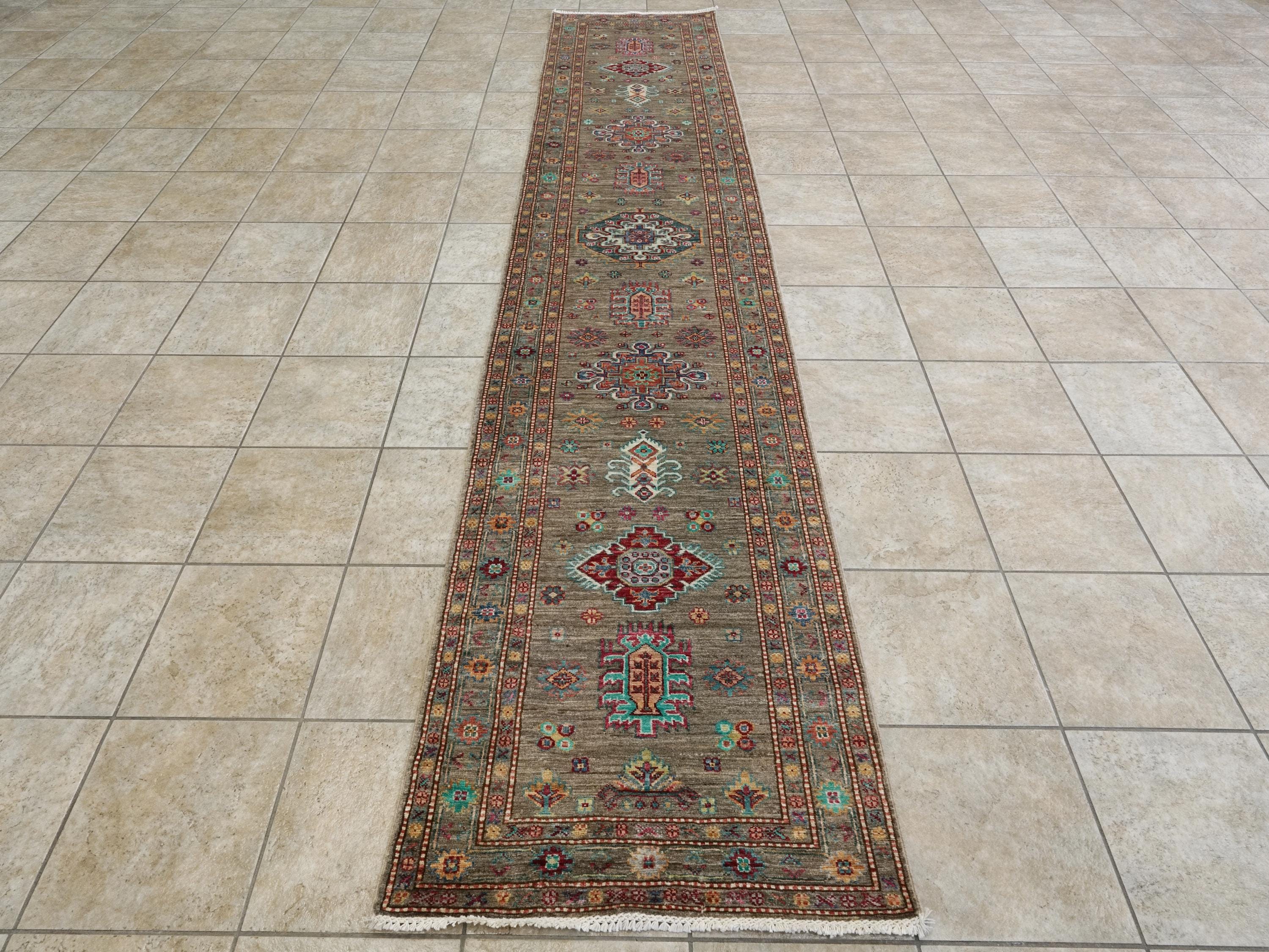 13 Ft Brown Kazak Runner Rug - Afghan Wool Hallway Rug