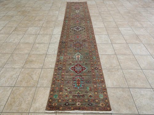 13 Ft Brown Kazak Runner Rug - Afghan Wool Hallway Rug
