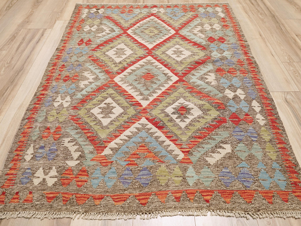 4x5 Ft Red Maimana Kilim Rug - Traditional Flat Weave Wool Rug