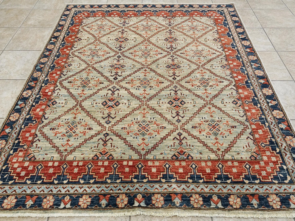 5x7 Ft Light Green Heriz Rug - Hand Knotted Oriental Wool Rug