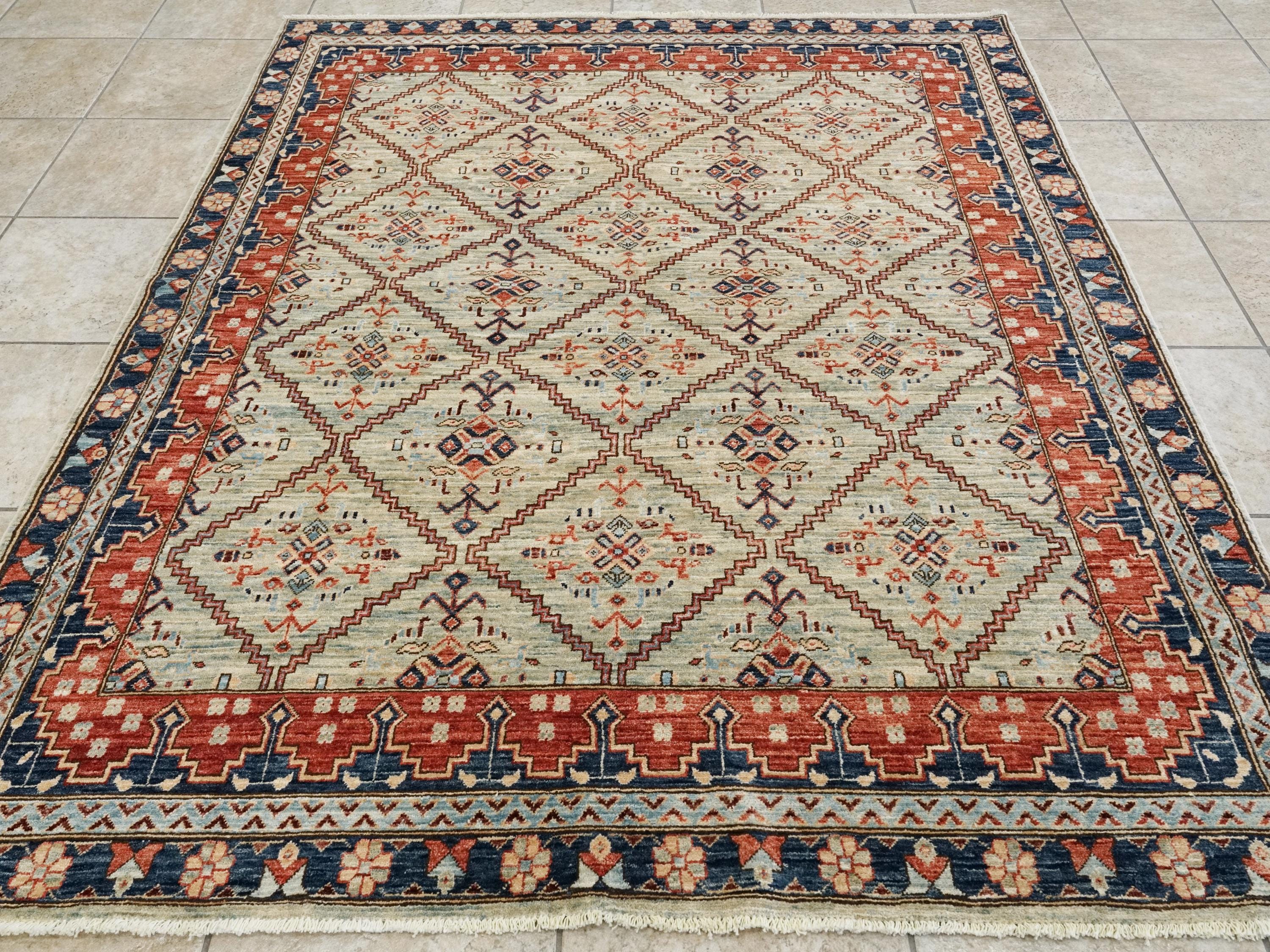 5x7 Ft Light Green Heriz Rug - Hand Knotted Oriental Wool Rug