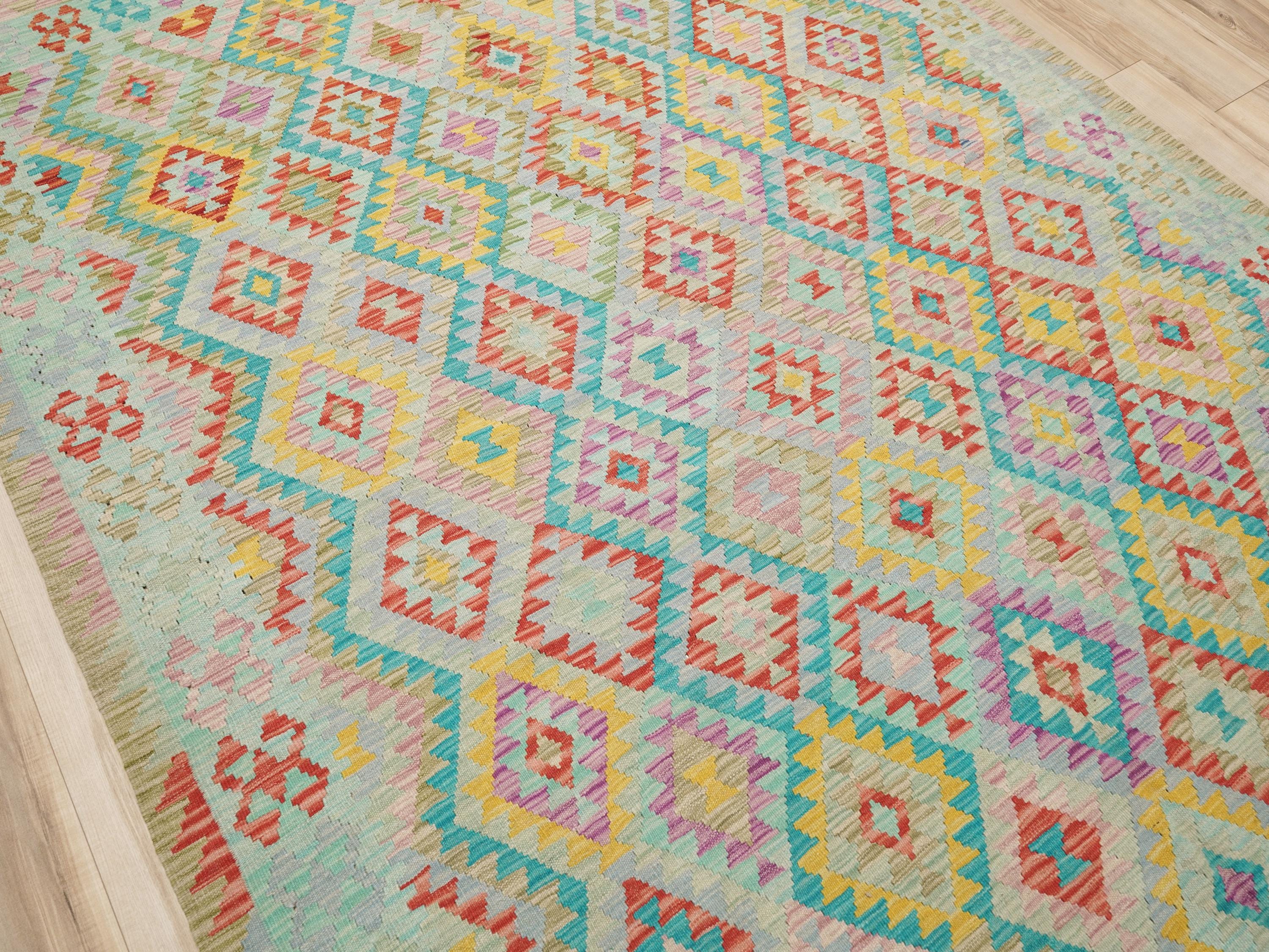 7x10 Ft Green Kilim Rug - Flat Weave Afghan Tribal Rug