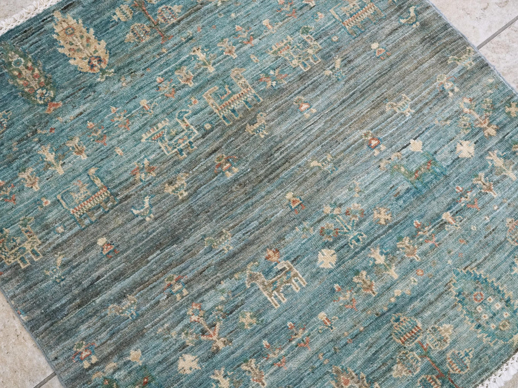 3x3 Ft Cyan Serapi Rug - Hand Knotted Wool Oriental Rug - Floral Design