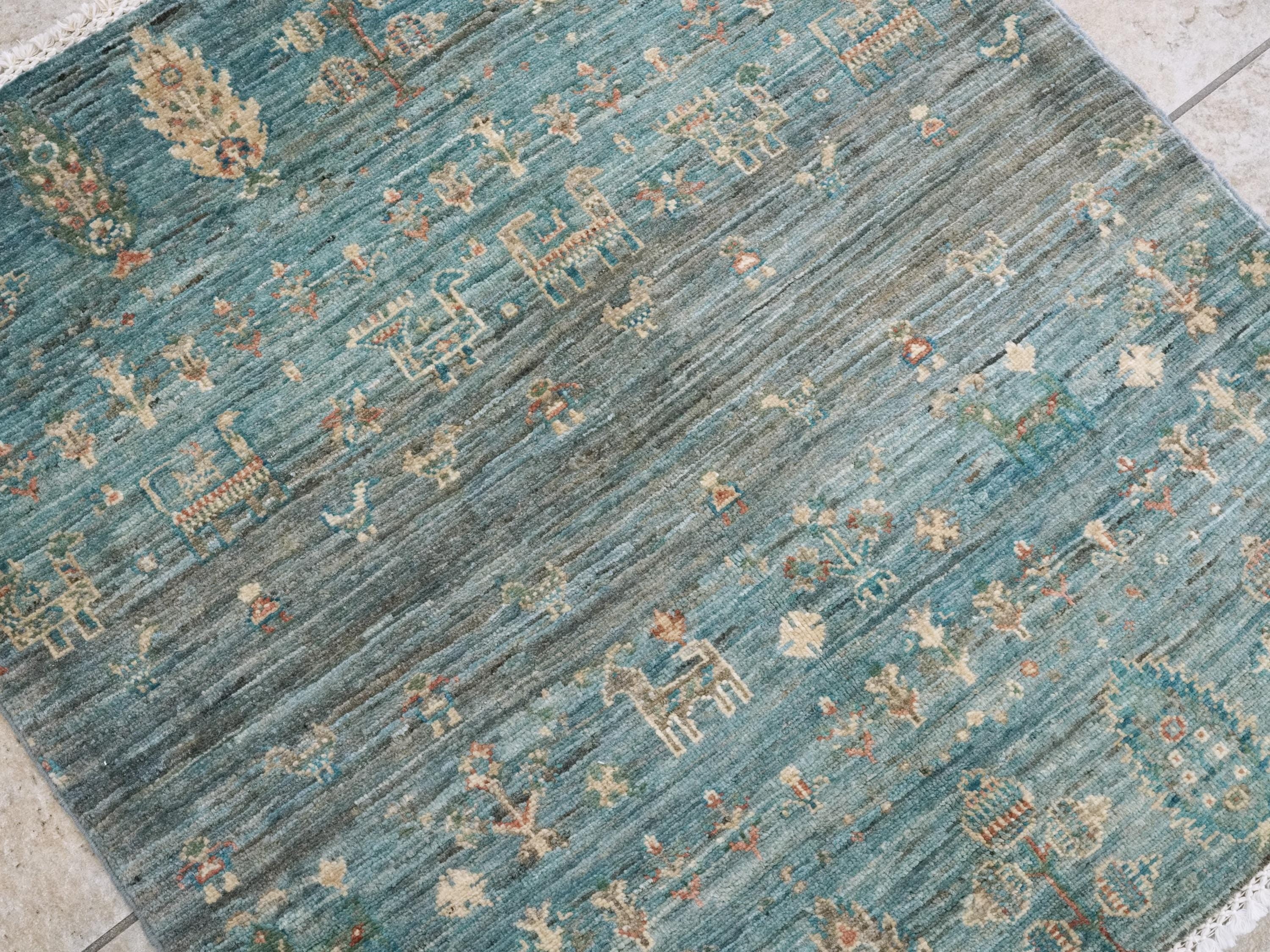 3x3 Ft Cyan Serapi Rug - Hand Knotted Wool Oriental Rug - Floral Design