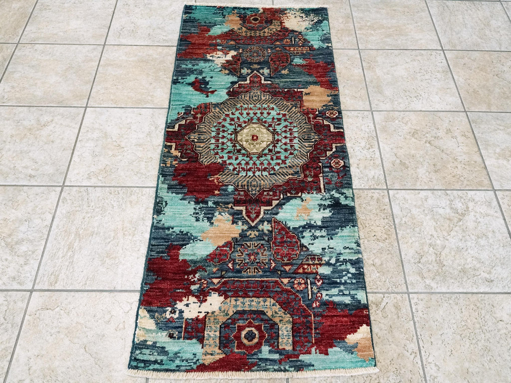 2x5 Ft Blue Mamluk Rug - Hand Knotted Wool Hallway Runner