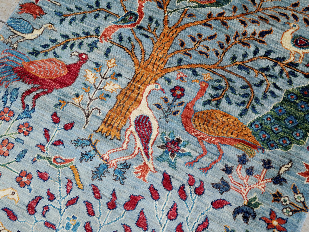 3x5 Ft Light Blue Bird Rug - Handmade Afghan Wool Rug - Floral Design