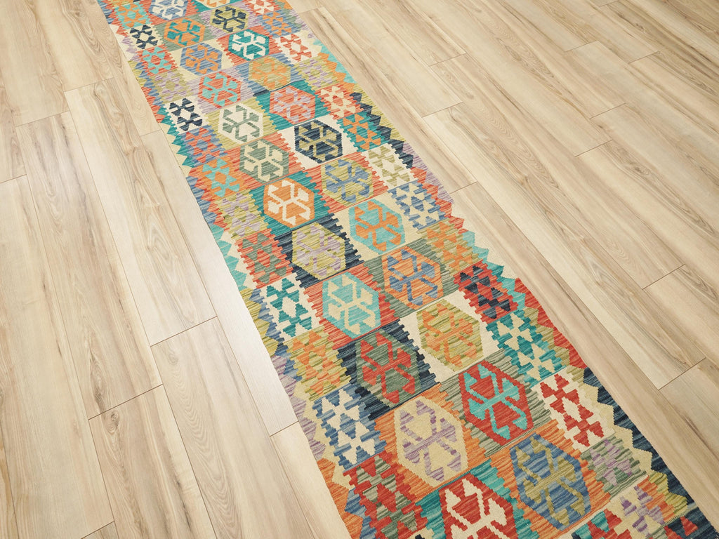 10 Ft Handwoven Wool Kilim Runner Rug - Traditional Afghan Hallway Rug