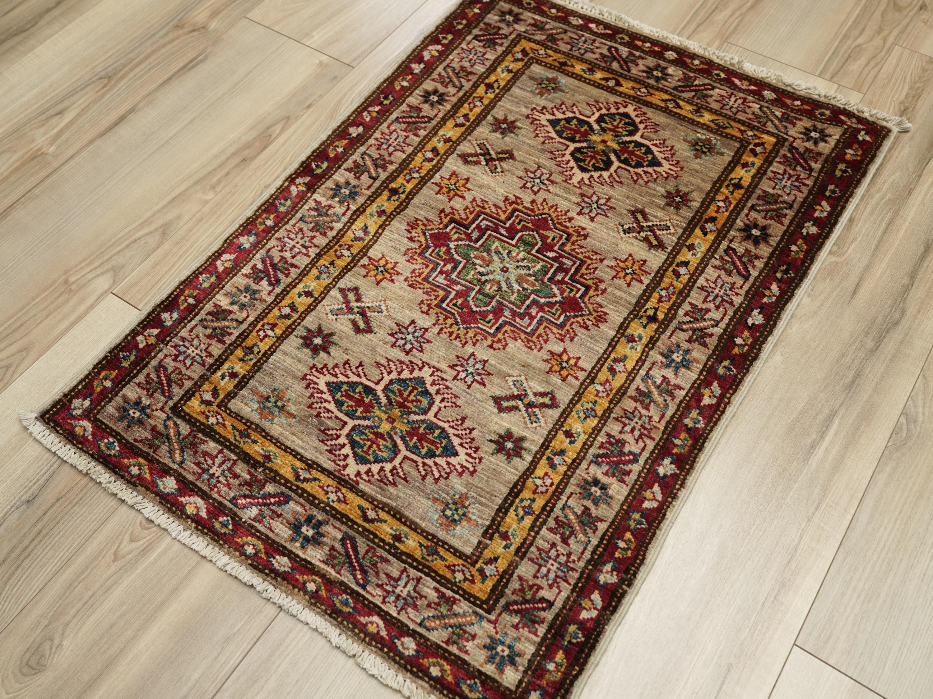 2x3 Ft Beige Kazak Rug - Afghan Wool Accent Rug