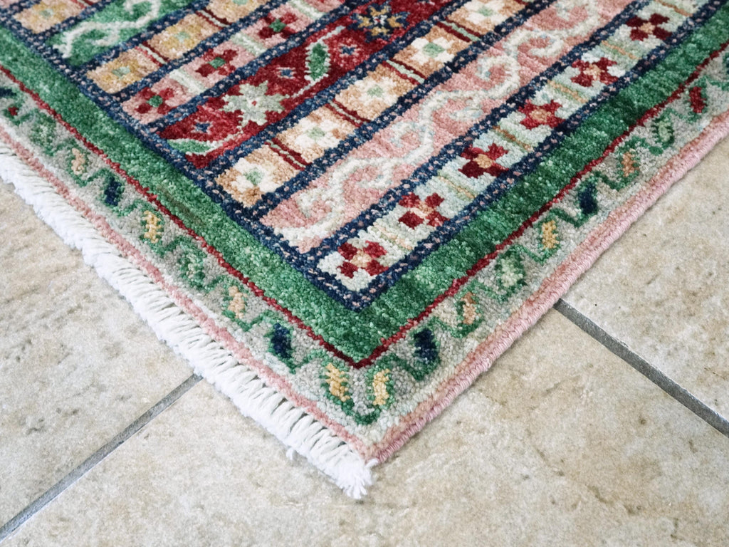 2x3 Ft Green & Pink Khorjin Rug - Afghan Wool Accent Rug