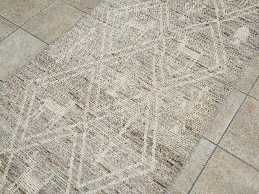 10 Ft Handmade Afghan Wool Runner Rug - Light Gray Moroccan Design