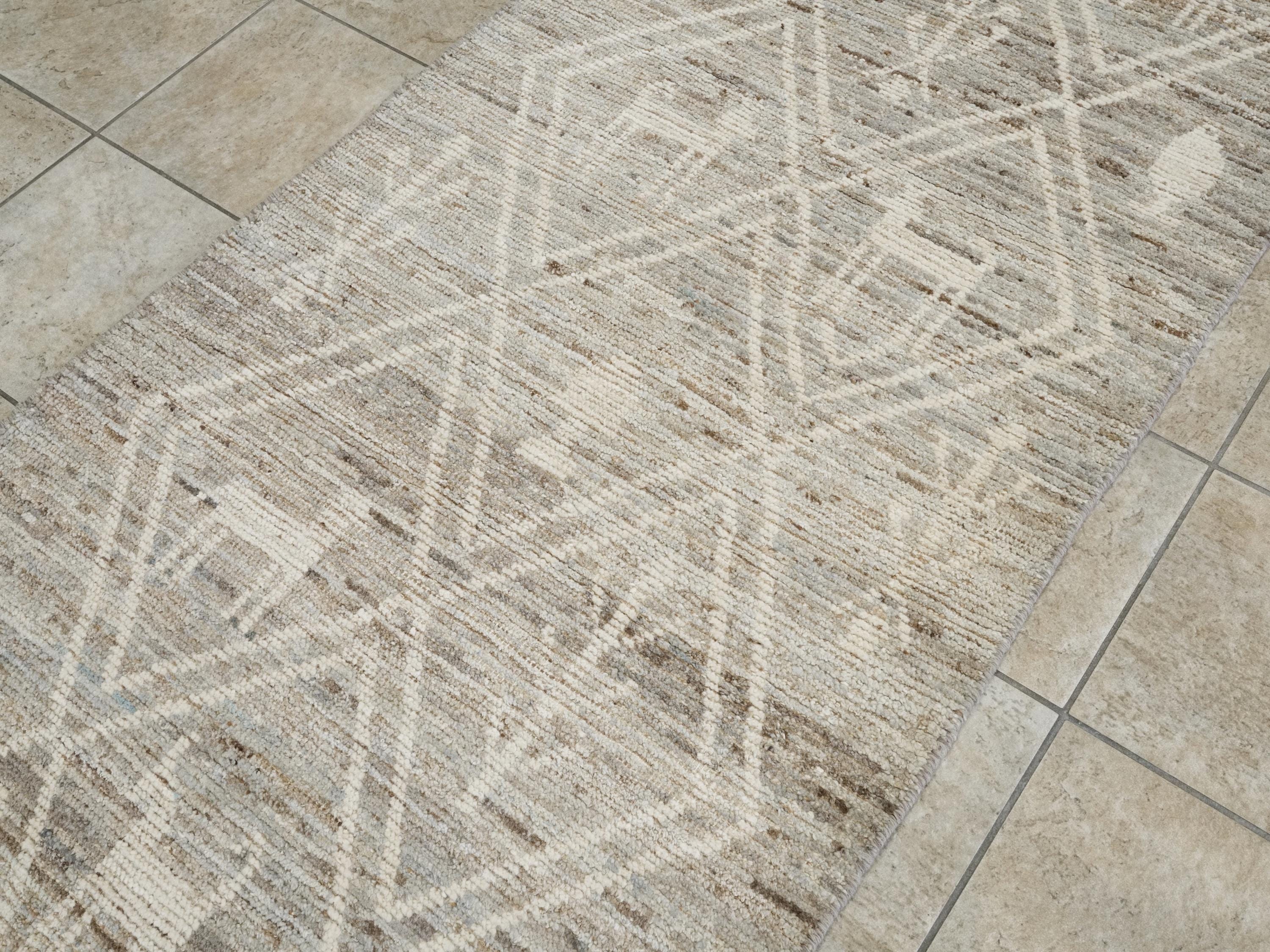 10 Ft Handmade Afghan Wool Runner Rug - Light Gray Moroccan Design